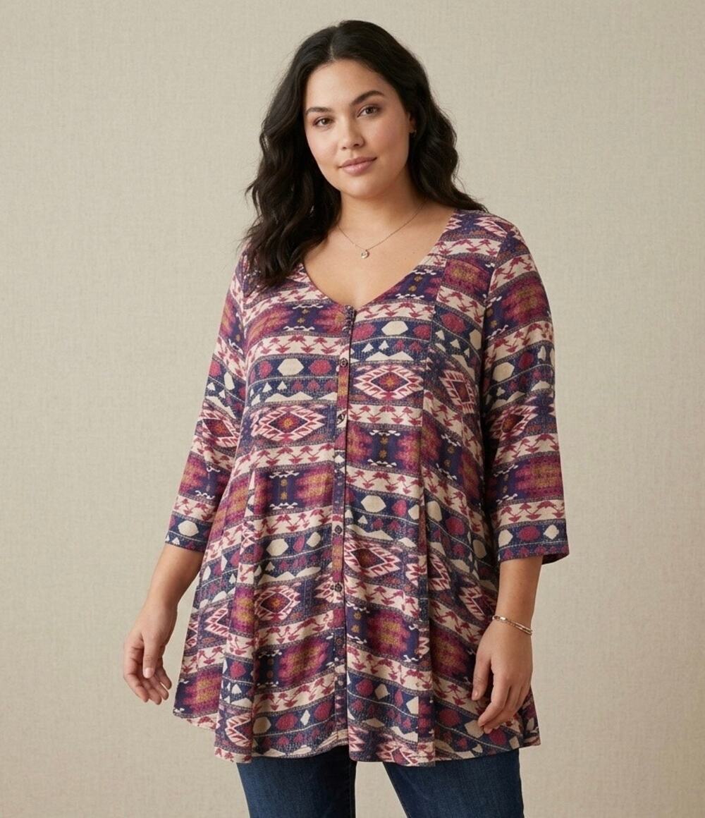 Lucky Brand 2X Tunic Top Button Front Southwestern Geometric Swing 3/4 Sleeve